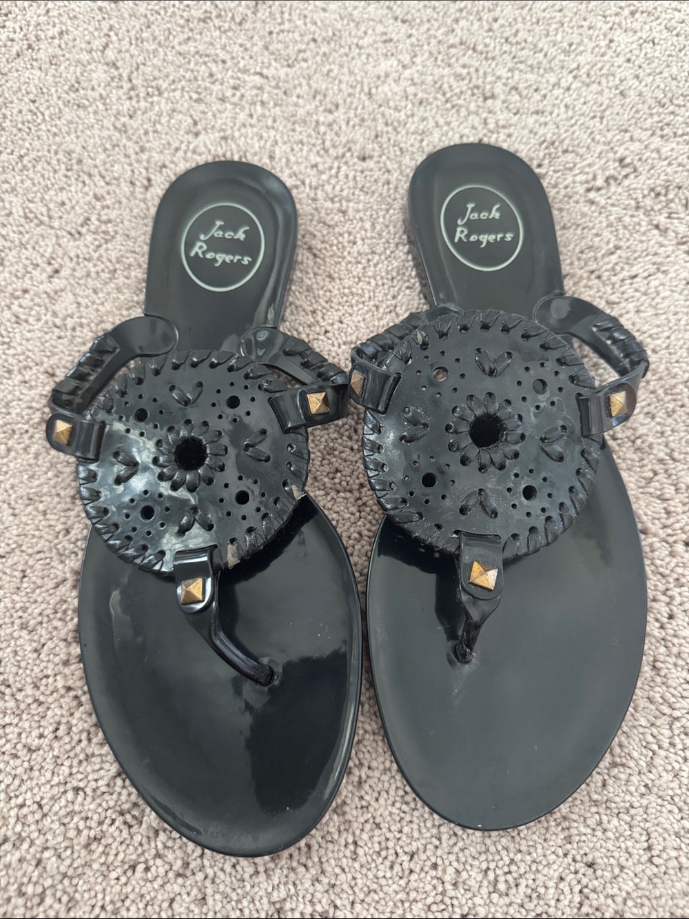 Jack Rogers Black Patent Jelly Medallion Thong Sandals